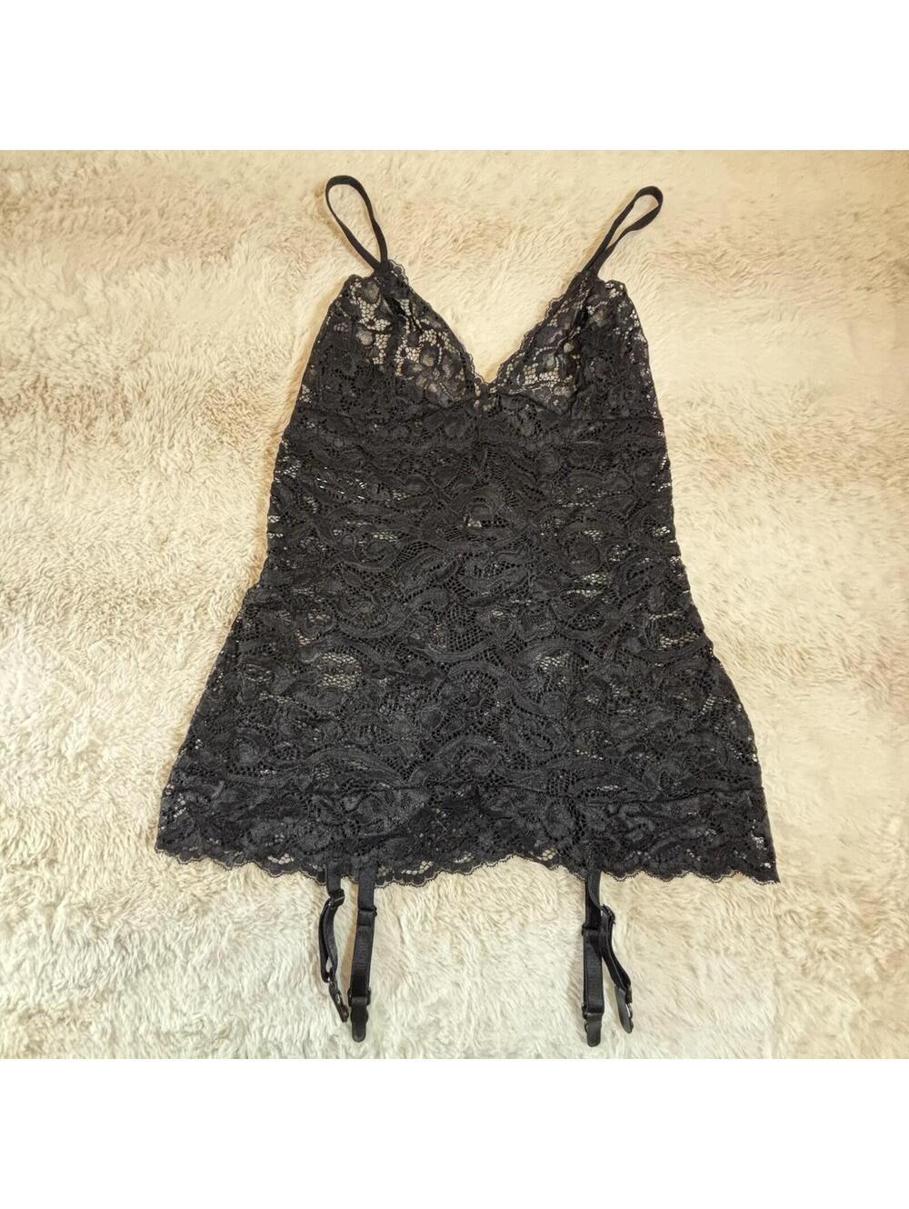 Escante Lace Lingerie Chemise Garter Straps Black Babydoll L